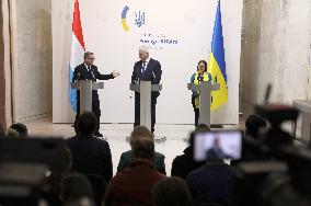Press conference of Andrii Sybiha, Xavier Bettel and Yuriko Backes in Kyiv